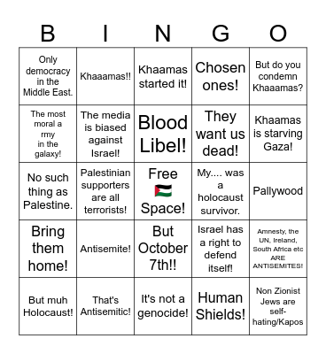 Zionist Bingo Card