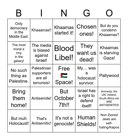 Zionist Bingo Card