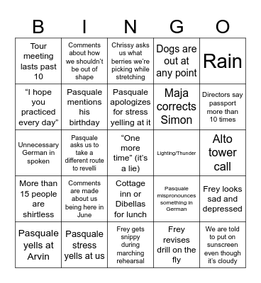 Europe Tour Rehearsal Bingo Card