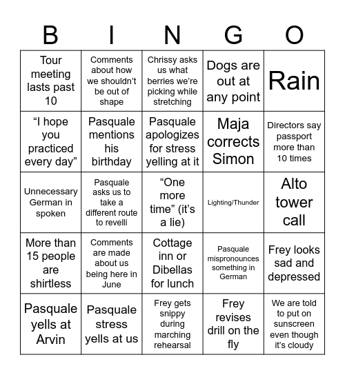 Europe Tour Rehearsal Bingo Card