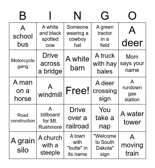 Devil's Tower to Aberdeen Bingo Card