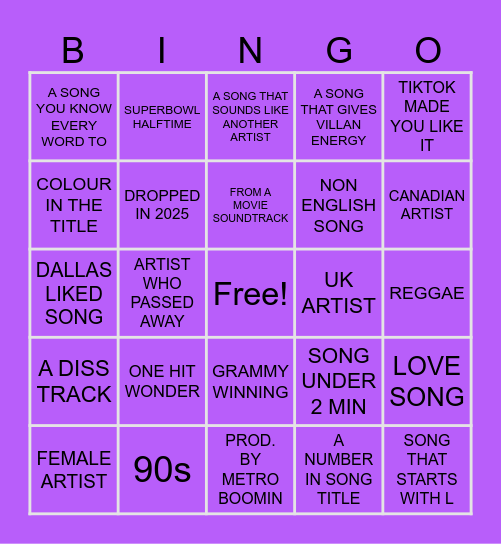 MUSIC BINGO Card