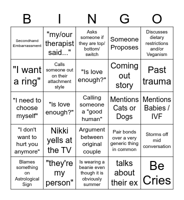 The Ultimatum: Queer Love Bingo Card