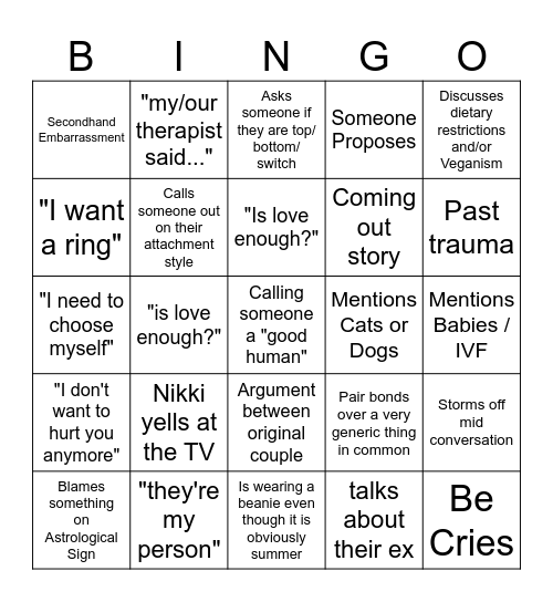 The Ultimatum: Queer Love Bingo Card