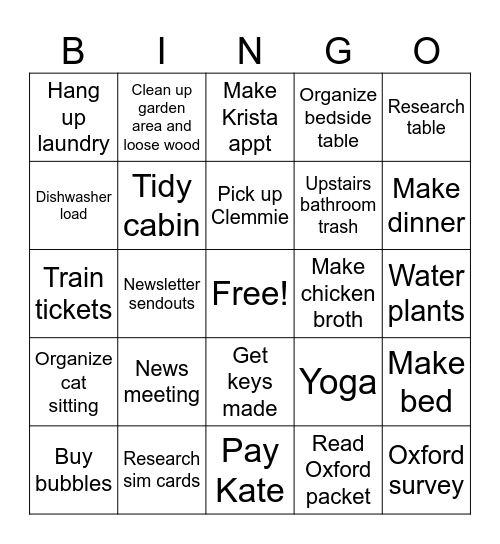 Wednesday June 25 Bingo Card