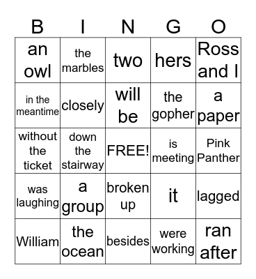 English Grammar Bingo Card