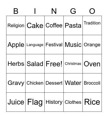 Food and Culture Bingo Card