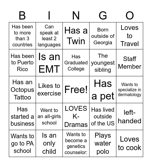 HealthPREP Ice Breaker Bingo Card