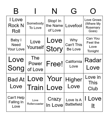 "Love" Songs Bingo Card