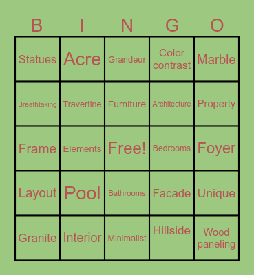 Mansion tours Bingo Card