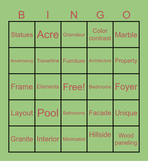Mansion tours Bingo Card
