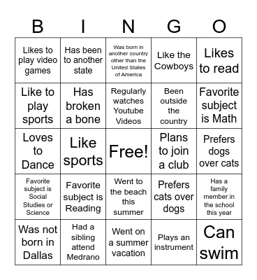 Get to Know my Classmates Bingo Card