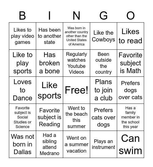 Get to Know my Classmates Bingo Card