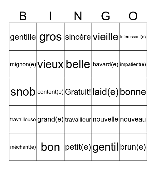 Les Adjectifs Bingo Card