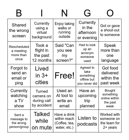 Intro Bingo Card