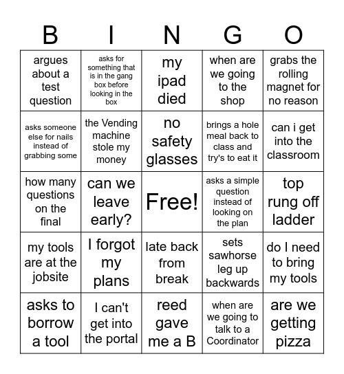 apprentice Bingo Card