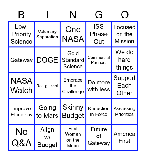 NASA Townhall Dumpster Fire Bingo Card