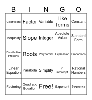 SAT Algebra Section Bingo Card