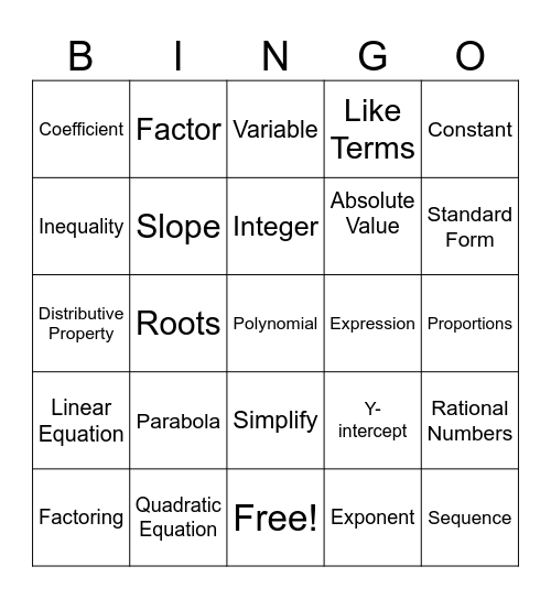 SAT Algebra Section Bingo Card