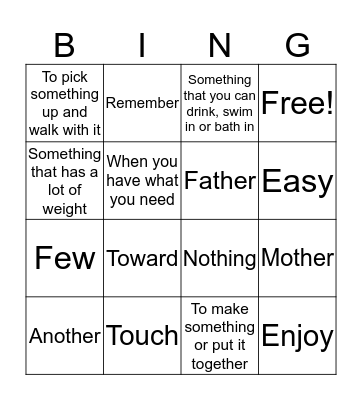 Vocabulary Bingo Card