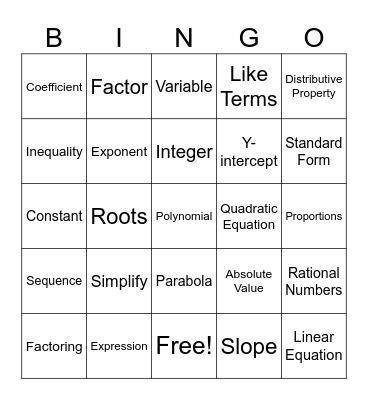 SAT Algebra Section Bingo Card