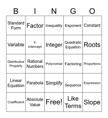 SAT Algebra Section Bingo Card