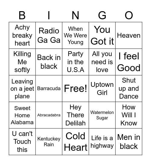 Music Bingo Card