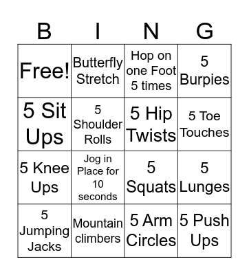 Cub Scout Fitness Bingo Card