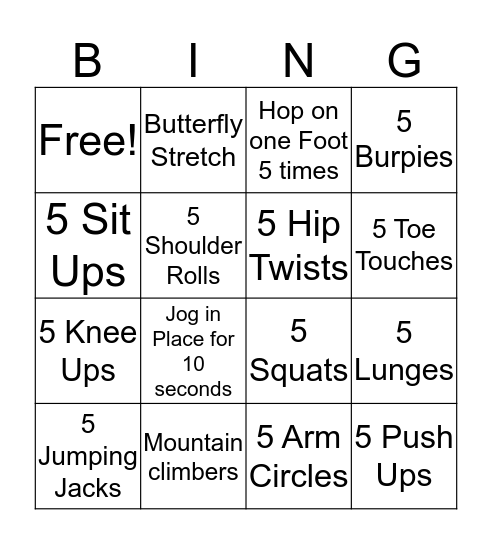 Cub Scout Fitness Bingo Card