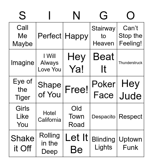 SINGO Bingo Card