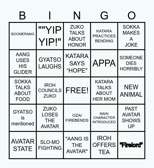 AVATAR: THE LAST AIRBENDER Bingo Card