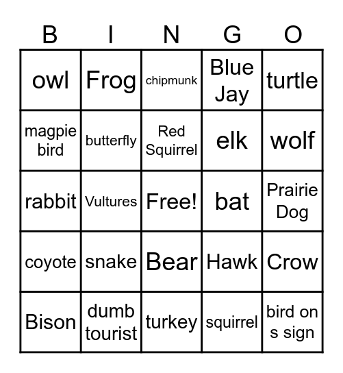 Out West Nature Bingo Card
