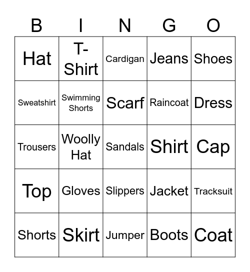 Clothes Bingo Card
