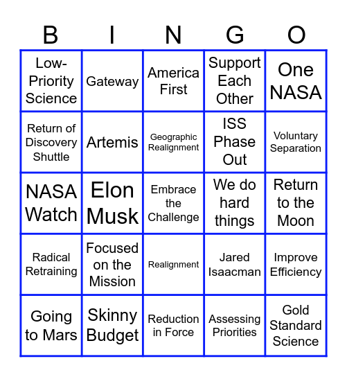 NASA Townhall Dumpster Fire Bingo Card