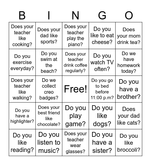 Simple Present Question Bingo Card