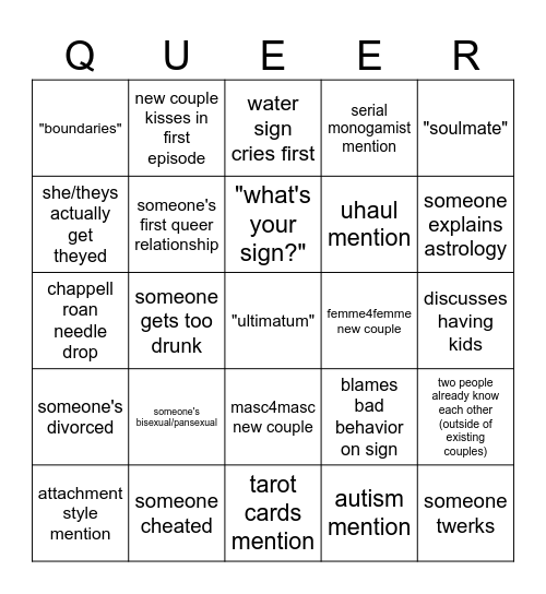 Queer Ultimatum S2 Premiere Bingo Card