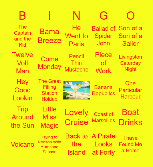 Jimmy Buffett Songs Bingo Card