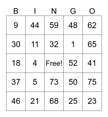 Howard Johnson Bingo Card