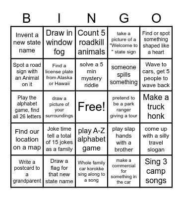 Road trip activity BINGO Card