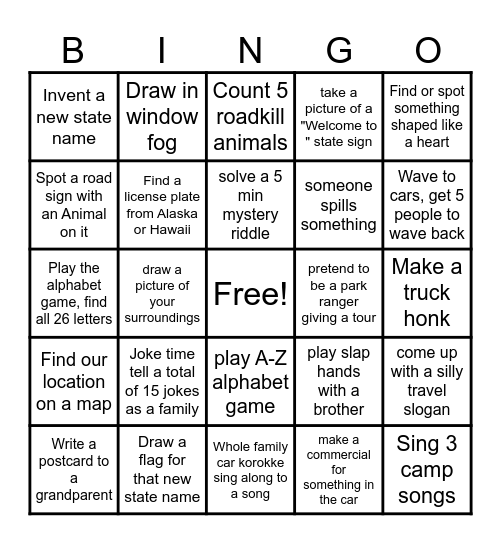 Road trip activity BINGO Card