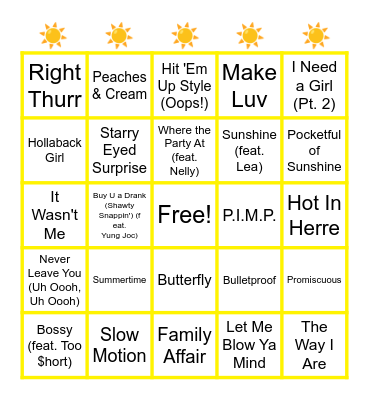 2000s Summer Hits Bingo Card