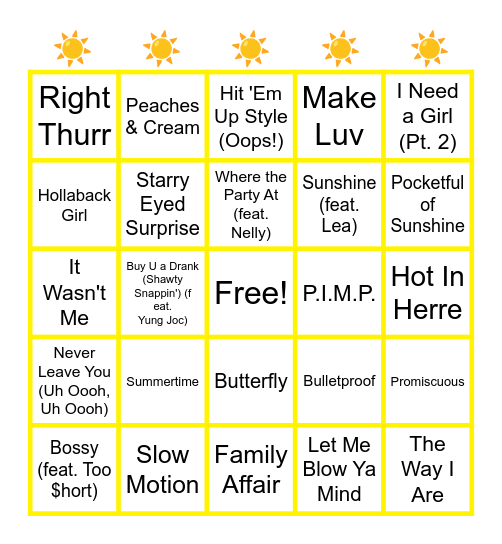 2000s Summer Hits Bingo Card