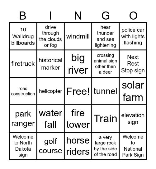 Look outside the car window Bingo Card