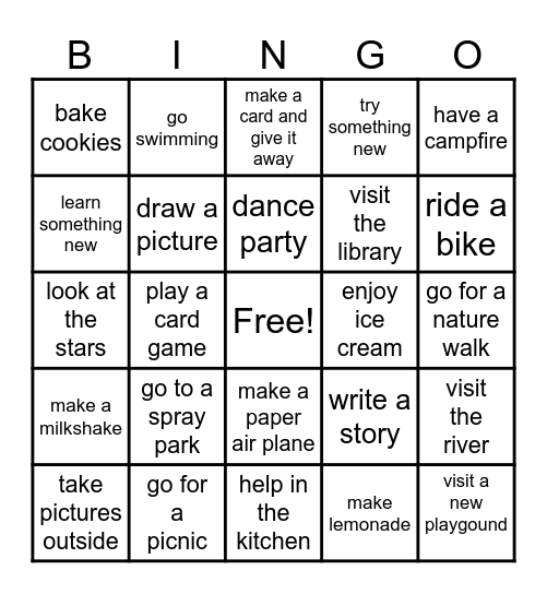 Summer Bucket List Bingo Card