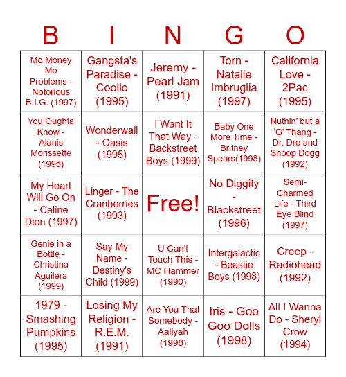 90's Music Bingo Card