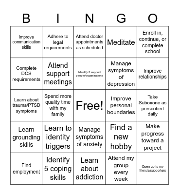 Treatment Plan Bingo Card