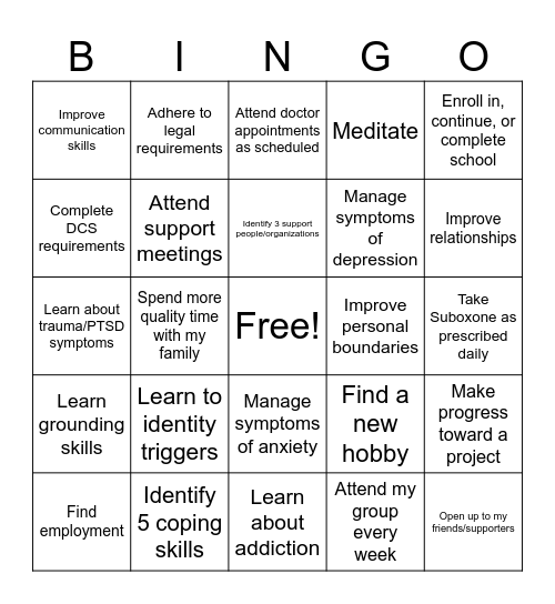 Treatment Plan Bingo Card