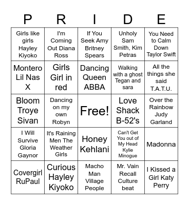 Pride Music Bingo Card
