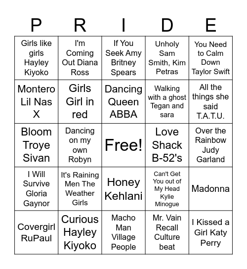Pride Music Bingo Card