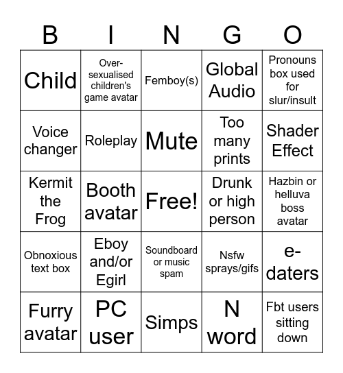 Vrchat Bingo Card